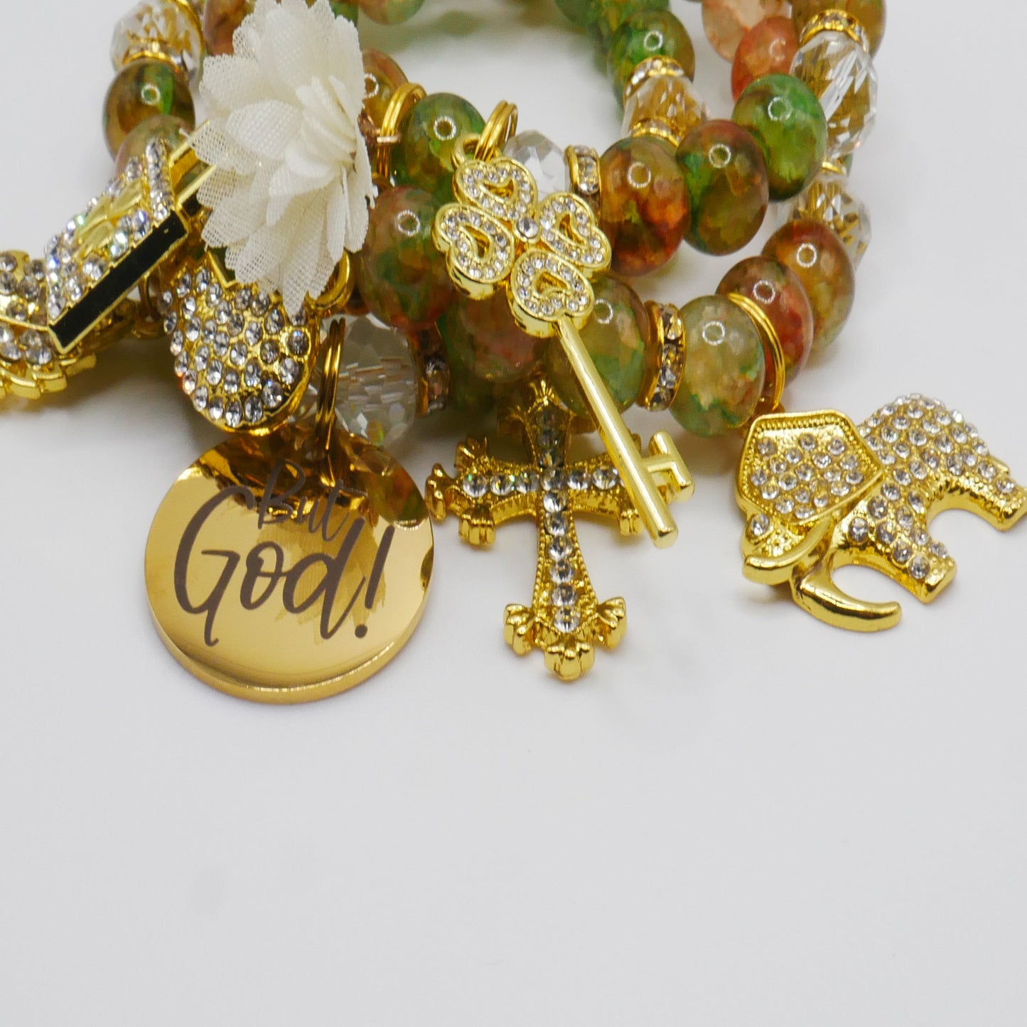 But God Renewal Bracelet Stack – Green & Gold Faith-Inspired Luxury Bracelet Set