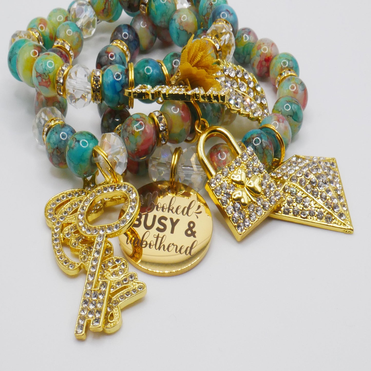 Booked, Busy & Unbothered Bracelet Stack – Multi-Color Gold Luxury Statement Set