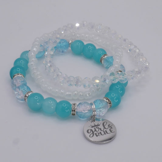 Girls Rule Bracelet Stack – Aqua & White Handmade Bracelet Set for Girls