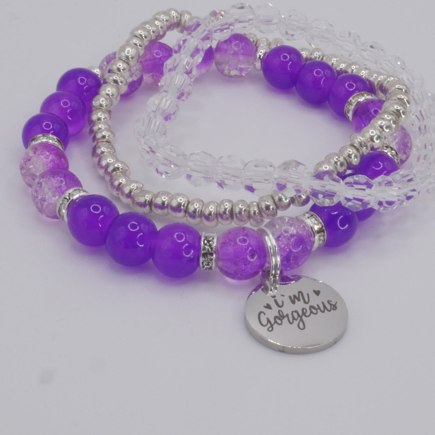 I’m Gorgeous Bracelet Stack – Purple & Silver Handmade Bracelet Set for Girls