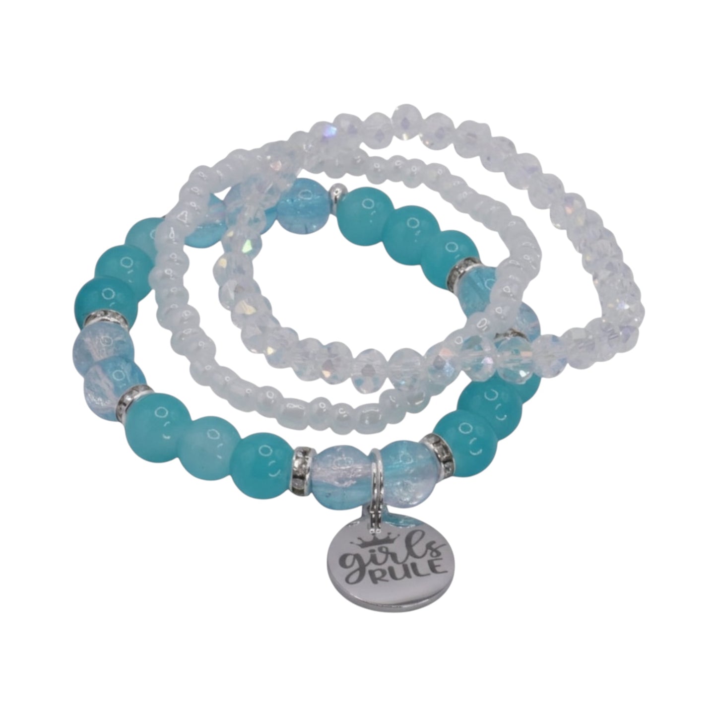 Girls Rule Bracelet Stack โ Aqua & White Handmade Bracelet Set for Girls