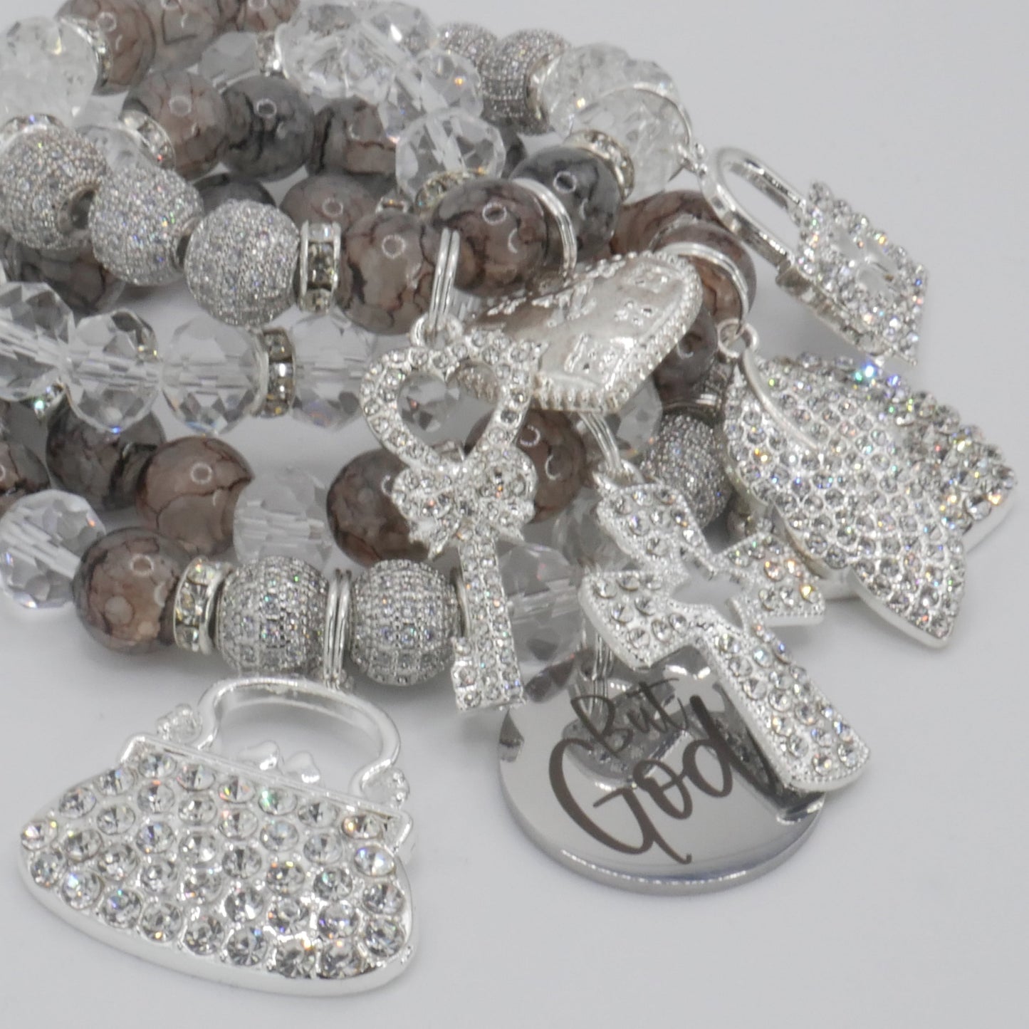 But God Grace Bracelet Stack – Silver & Smoke Luxury Faith Set