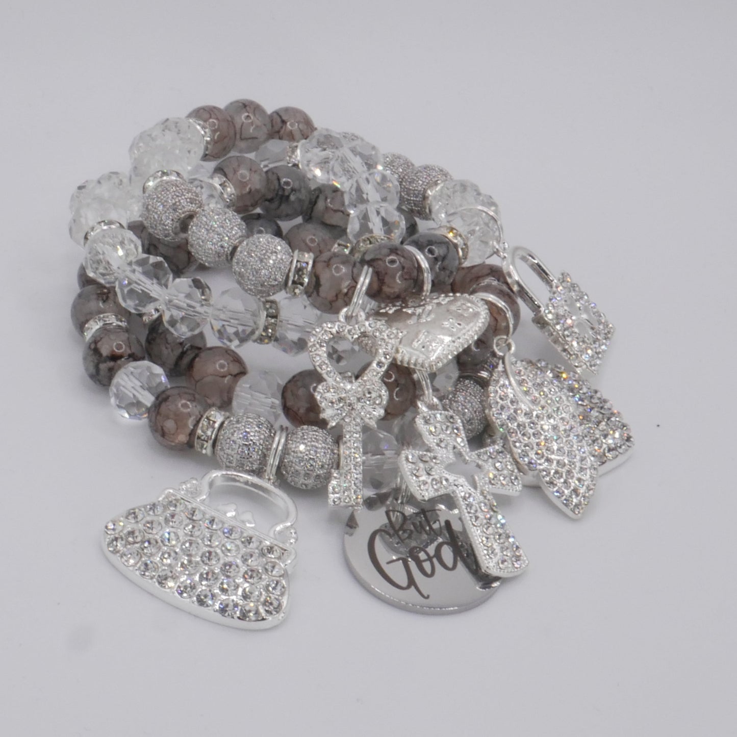 But God Grace Bracelet Stack – Silver & Smoke Luxury Faith Set