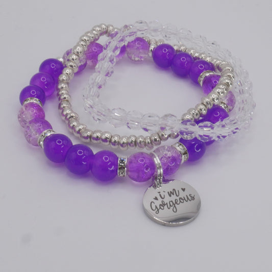 I’m Gorgeous Bracelet Stack – Purple & Silver Handmade Bracelet Set for Girls