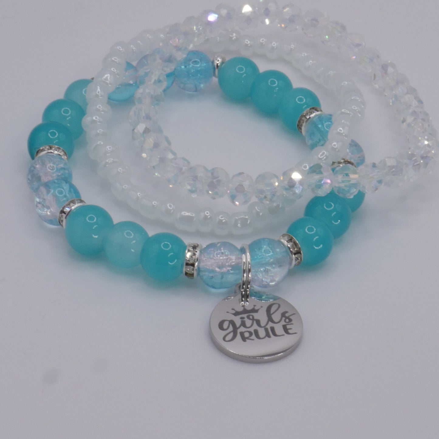 Girls Rule Bracelet Stack – Aqua & White Handmade Bracelet Set for Girls