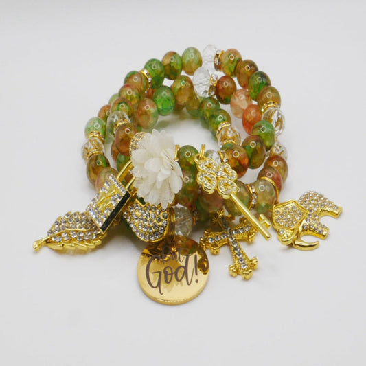 But God Renewal Bracelet Stack – Green & Gold Faith-Inspired Luxury Bracelet Set