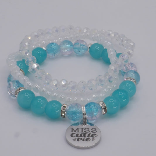 Miss Cutie Pie Bracelet Stack – Aqua & White Handmade Bracelet Set for Girls