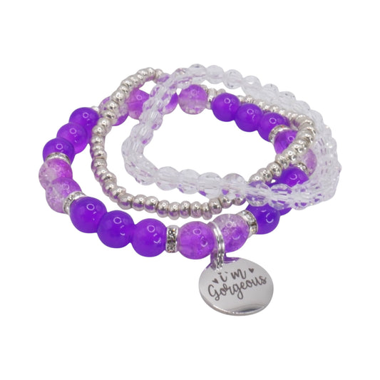 I'm Gorgeous Bracelet Stack - Purple & Silver Handmade Bracelet Set for Girls