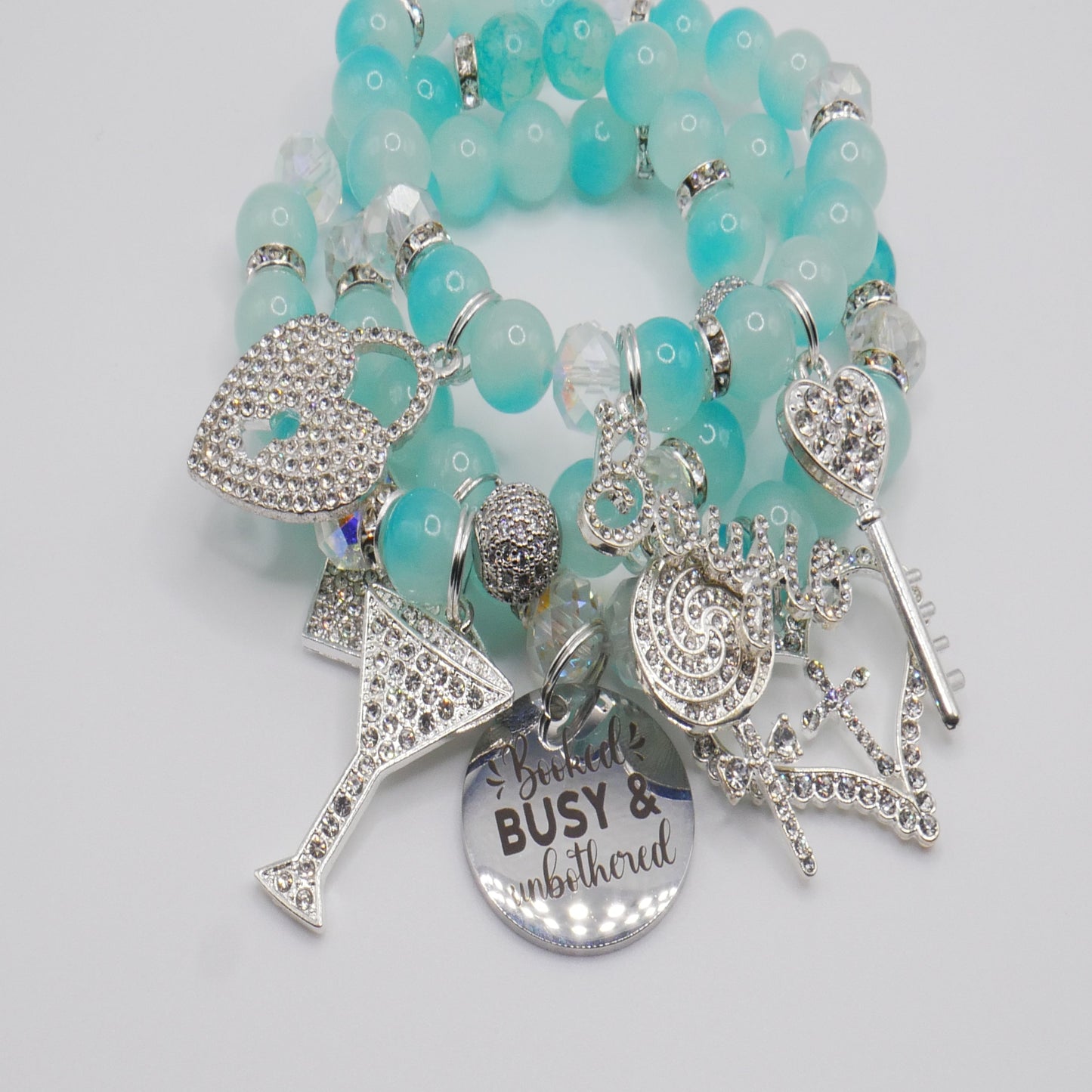Booked, Busy & Unbothered Bracelet Stack โ Aqua & Silver Luxury Statement Set