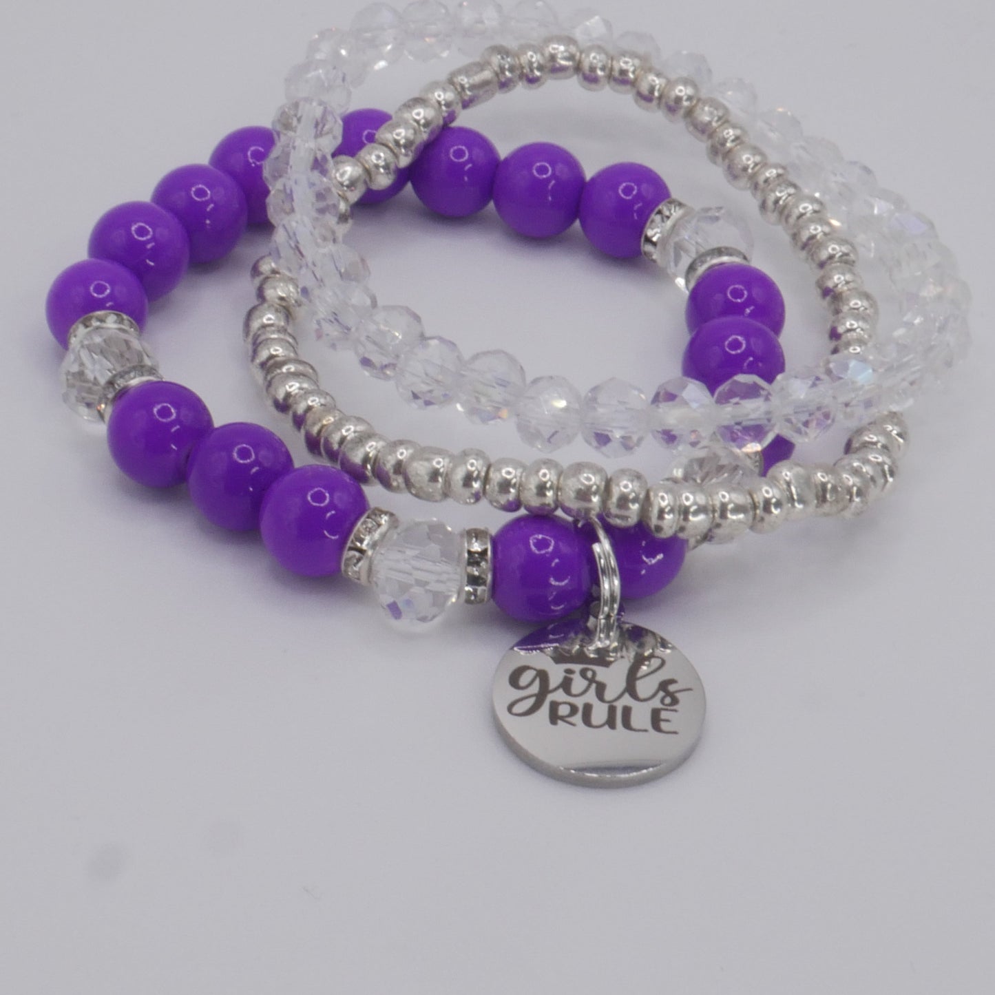 Girls Rule Bracelet Stack – Purple & Silver Handmade Bracelet Set for Girls