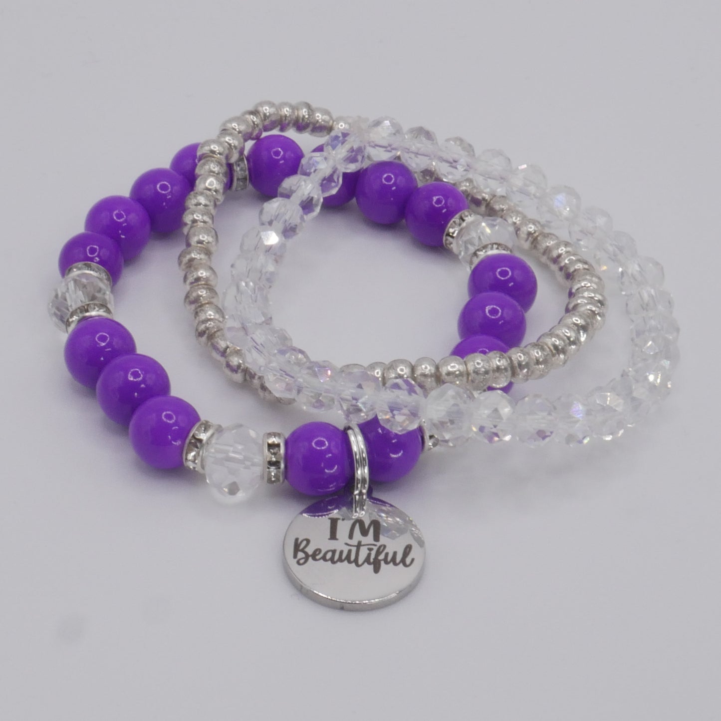 I’m Beautiful Bracelet Stack – Purple & Silver Handmade Bracelet Set for Girls