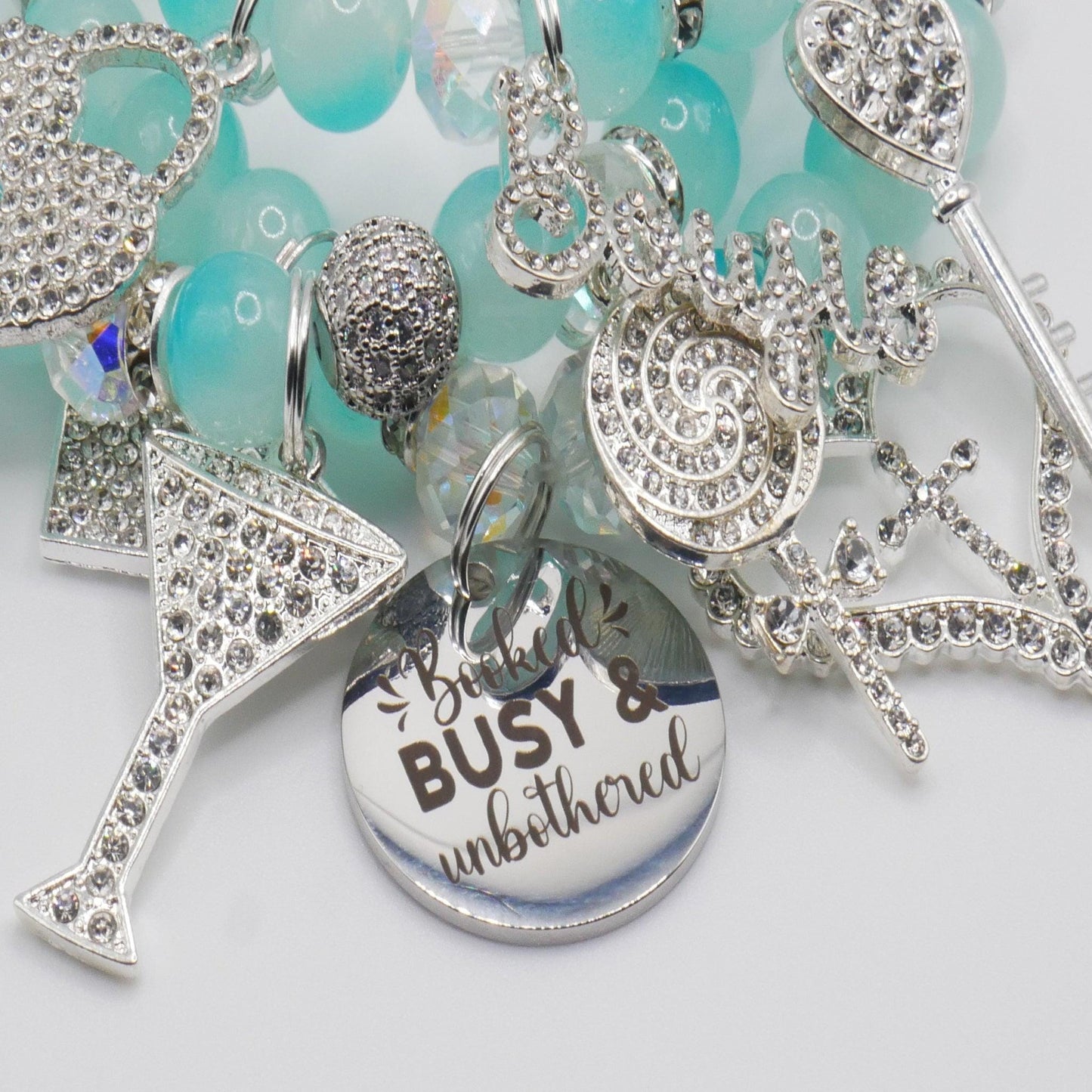 Booked, Busy & Unbothered Bracelet Stack โ Aqua and Silver Luxury Statement Set