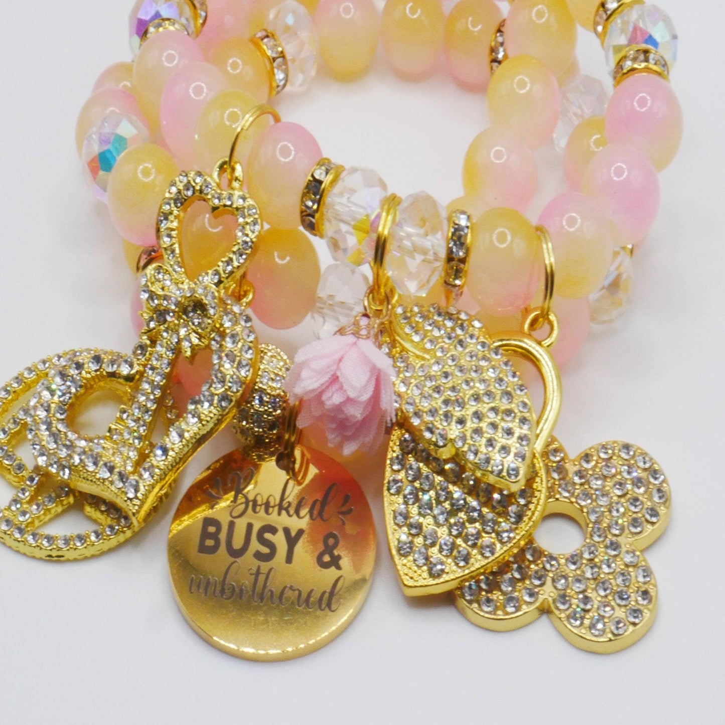 Booked, Busy & Unbothered Bracelet Stack – Pink and Gold Luxury Statement Set