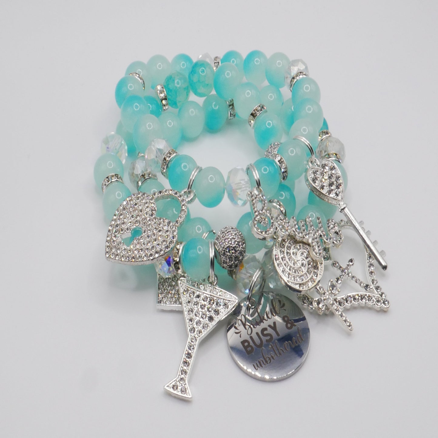 Booked, Busy & Unbothered Bracelet Stack – Aqua & Silver Luxury Statement Set