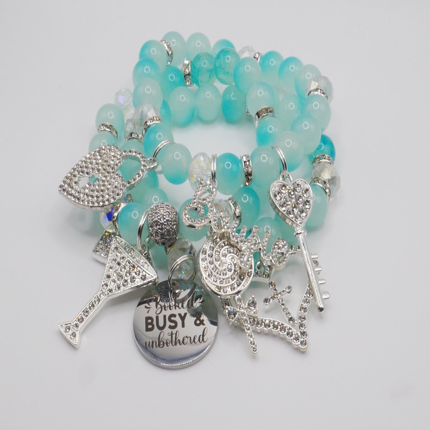 Booked, Busy & Unbothered Bracelet Stack – Aqua & Silver Luxury Statement Set