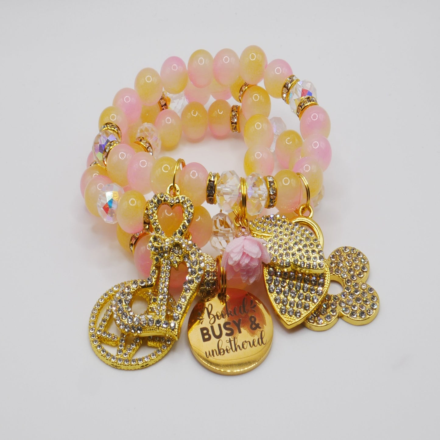 Booked, Busy & Unbothered Bracelet Stack – Pink & Gold Luxury Statement Set