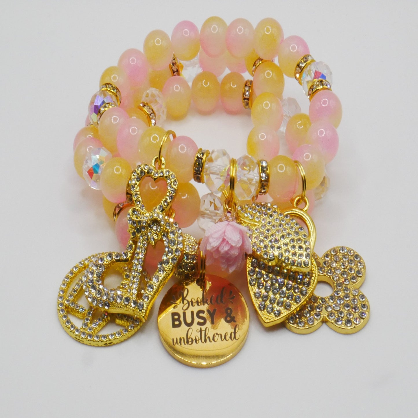 Booked, Busy & Unbothered Bracelet Stack – Pink & Gold Luxury Statement Set