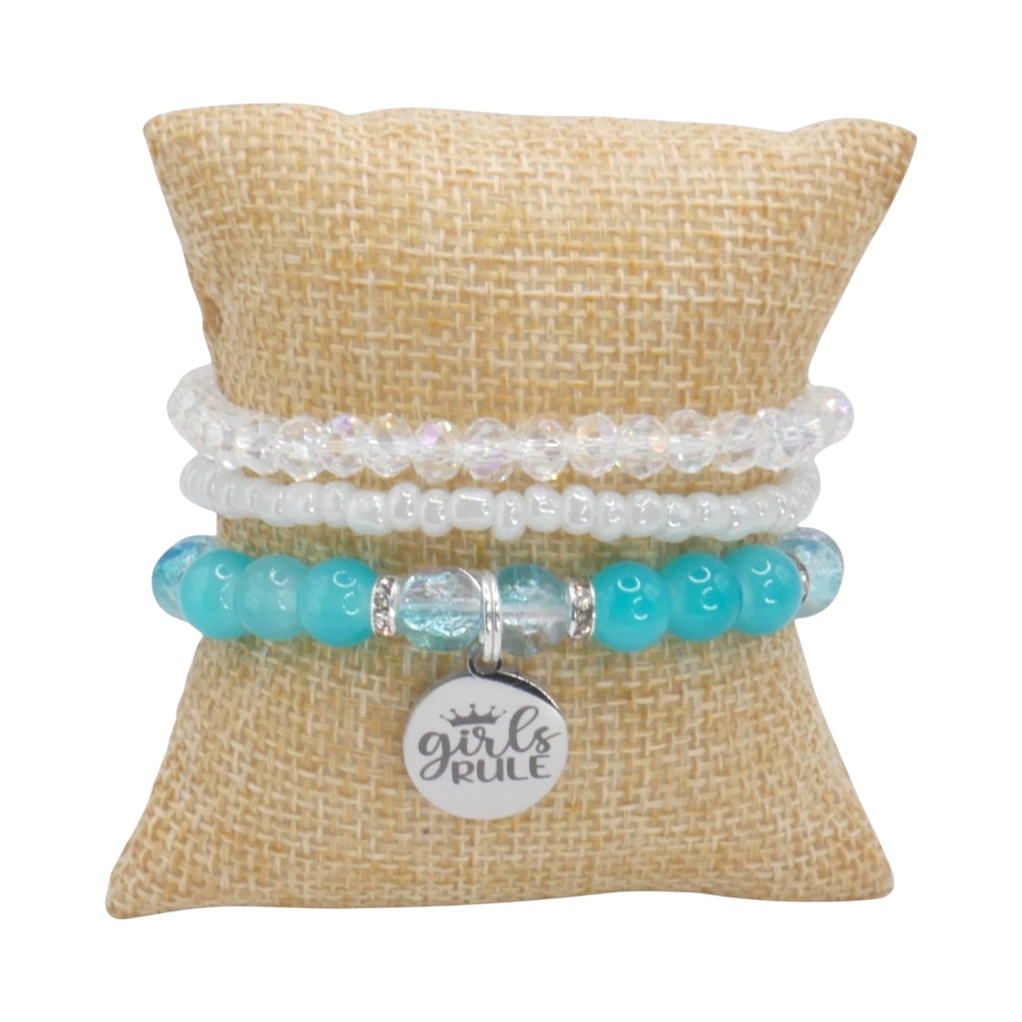 Girls Rule Bracelet Stack – Aqua & White Handmade Bracelet Set for Girls