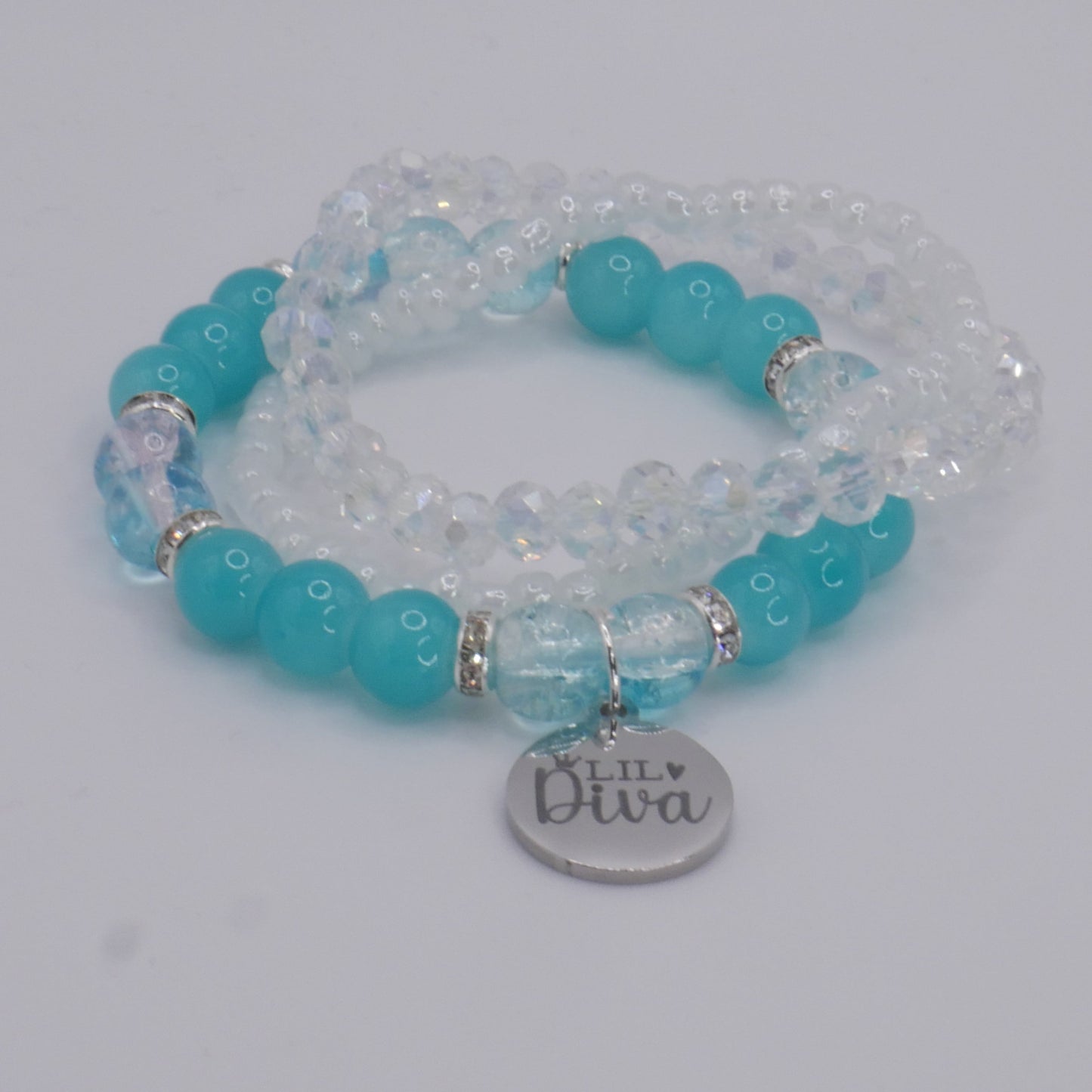 Lil Diva Bracelet Stack – Aqua & White Handmade Bracelet Set for Girls