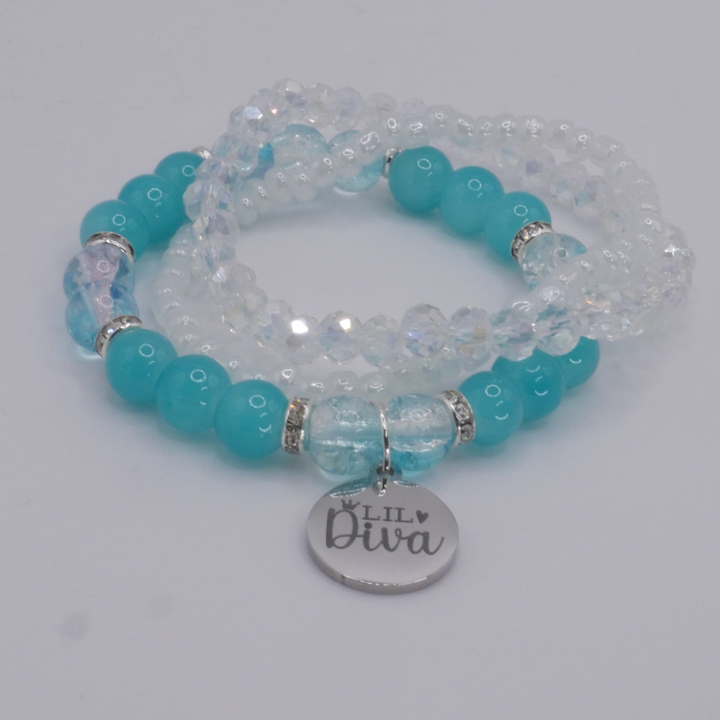 Lil Diva Bracelet Stack – Aqua & White Handmade Bracelet Set for Girls