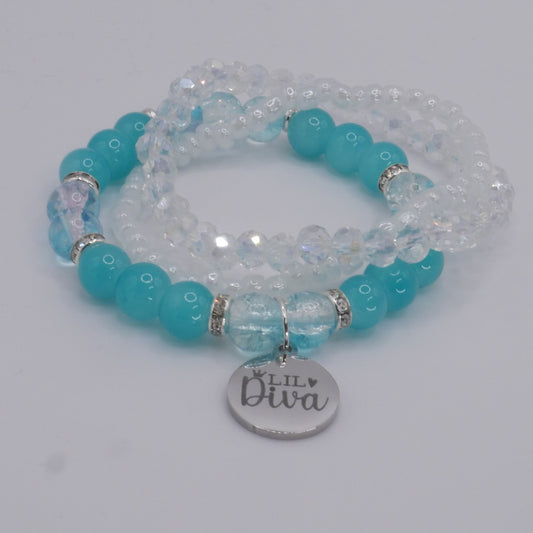 Lil Diva Bracelet Stack – Aqua & White Handmade Bracelet Set for Girls