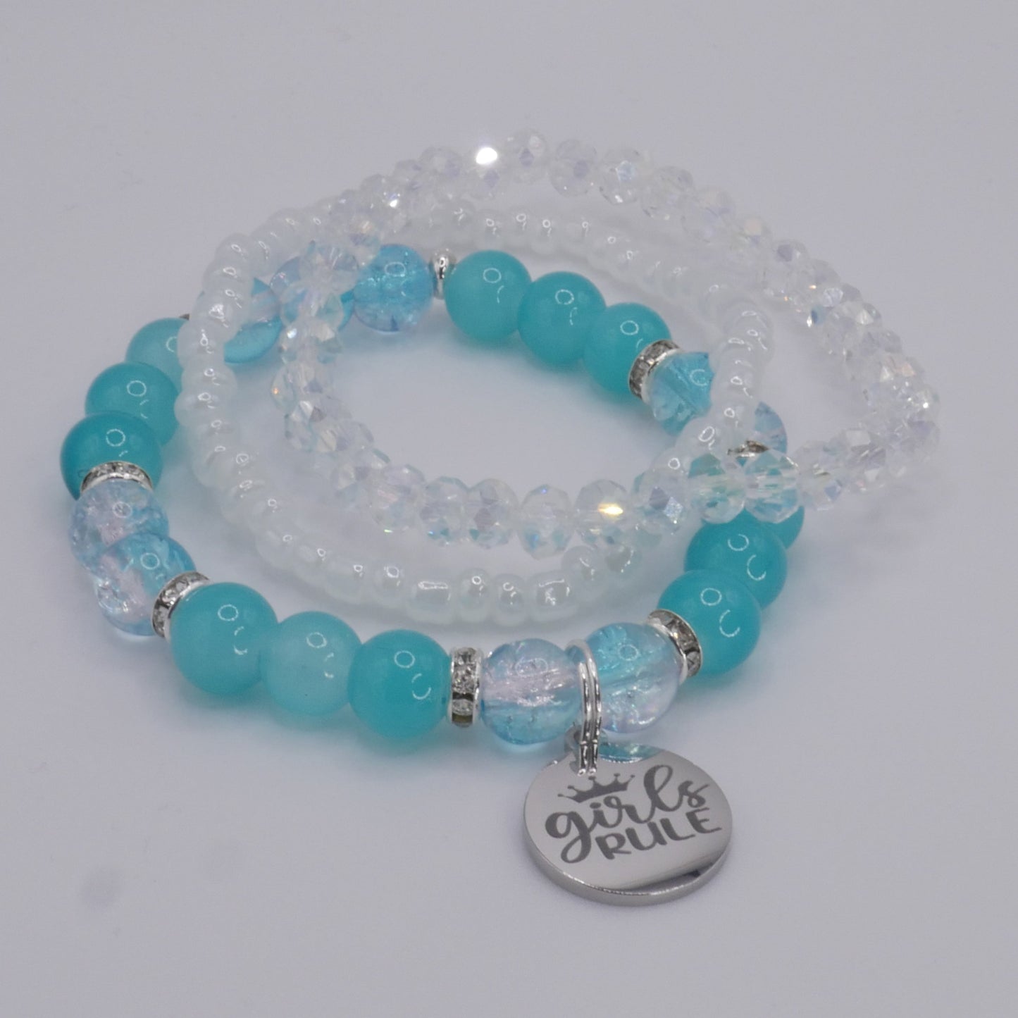 Girls Rule Bracelet Stack – Aqua & White Handmade Bracelet Set for Girls