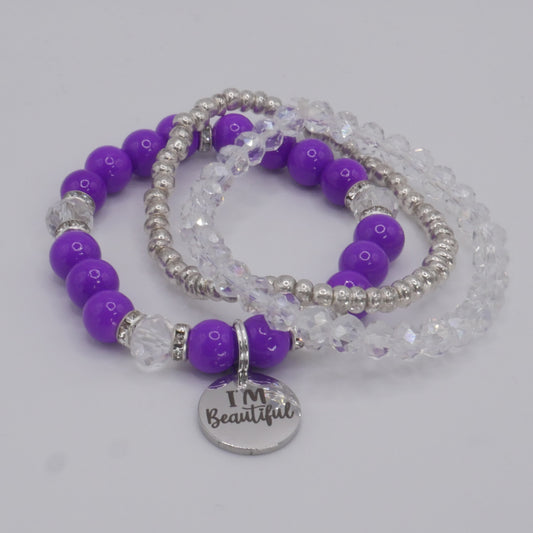 I’m Beautiful Bracelet Stack – Purple & Silver Handmade Bracelet Set for Girls