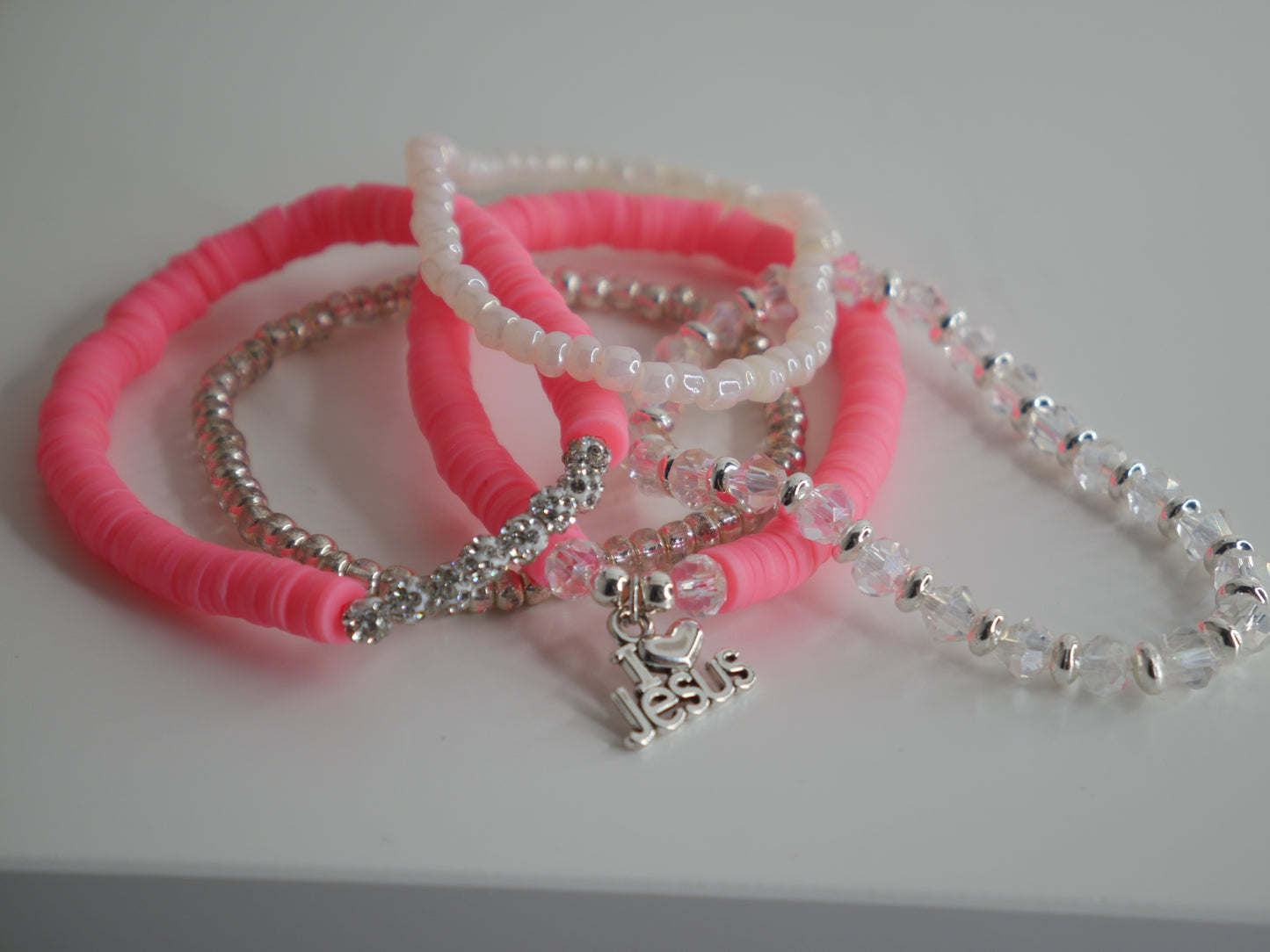 Coral pink - I love Jesus Charm Clay Beaded Bracelets