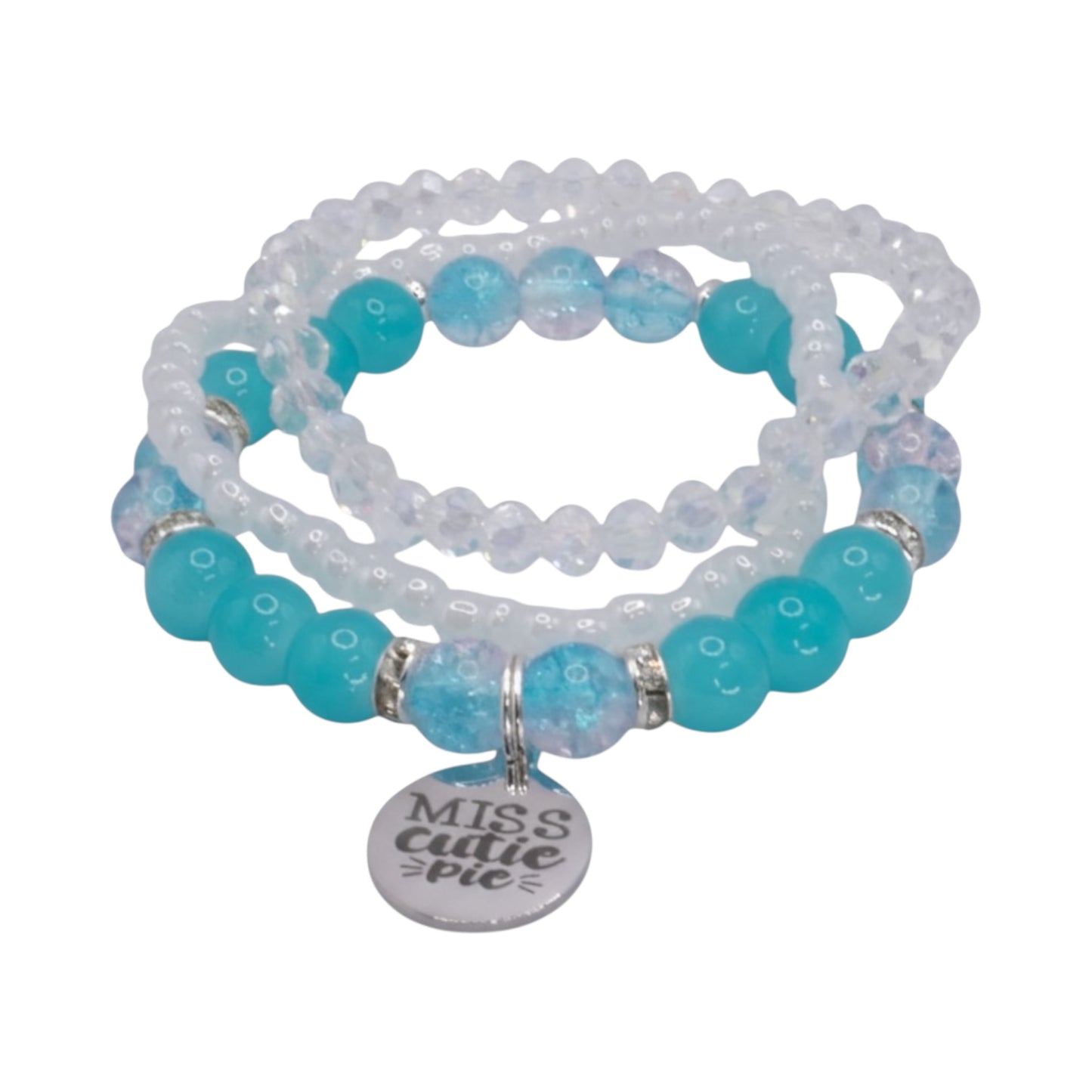 Miss Cutie Pie Bracelet Stack – Aqua & White Handmade Bracelet Set for Girls