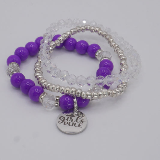 Girls Rule Bracelet Stack – Purple & Silver Handmade Bracelet Set for Girls