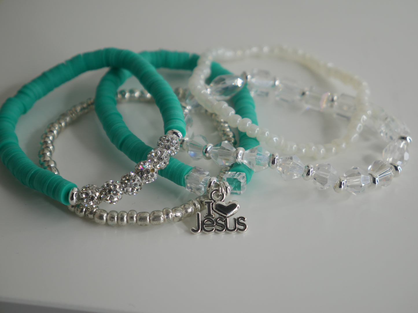 Turquoise - I love Jesus Charm Clay Beaded Bracelets