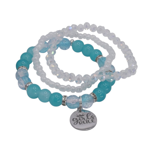Girls Rule Bracelet Stack – Aqua & White Handmade Bracelet Set for Girls