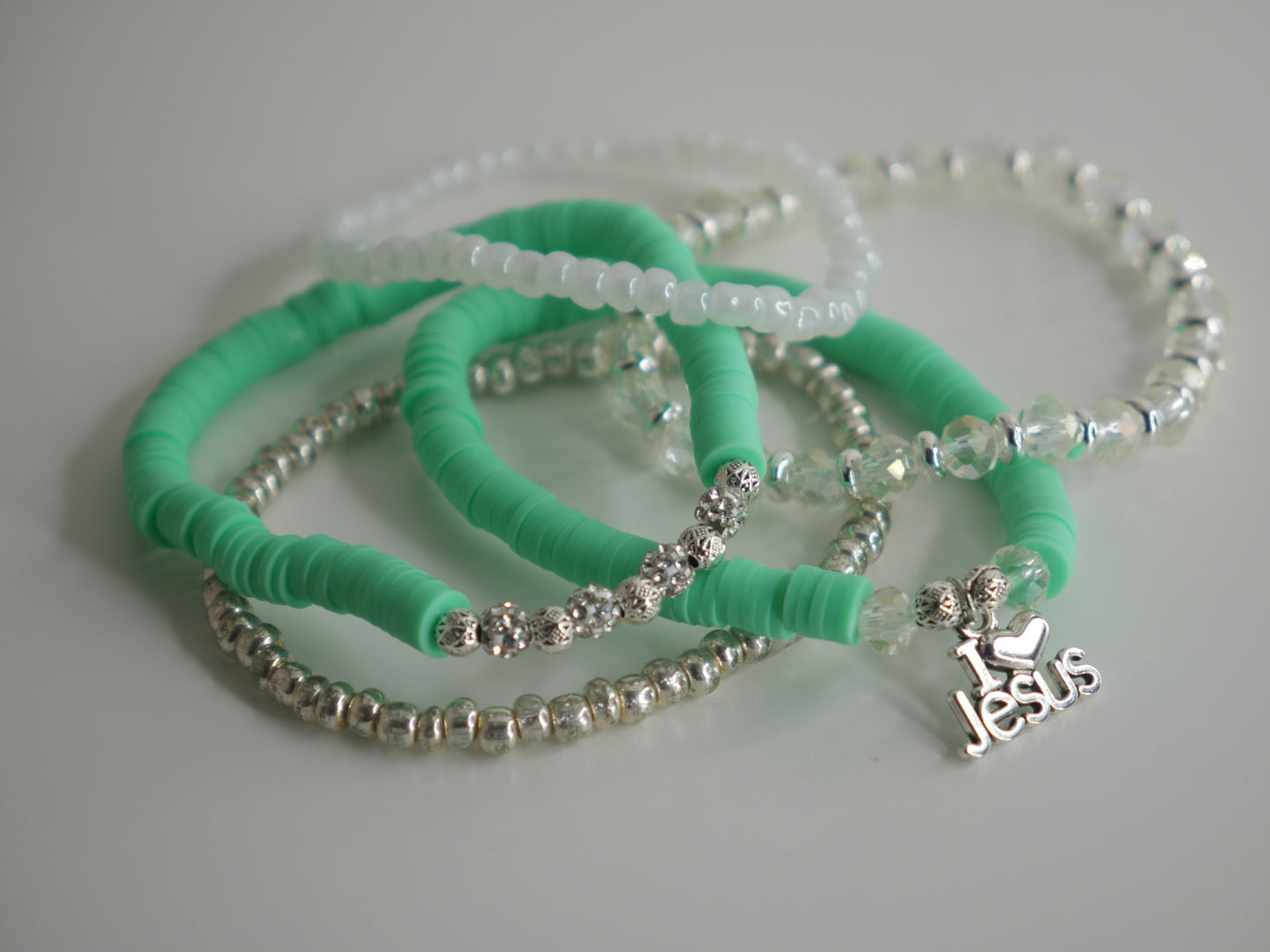 Aqua Green - I love Jesus Charm Clay Beaded Bracelets