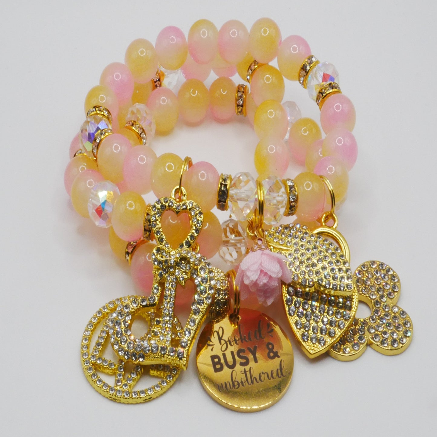 Booked, Busy & Unbothered Bracelet Stack – Pink & Gold Luxury Statement Set