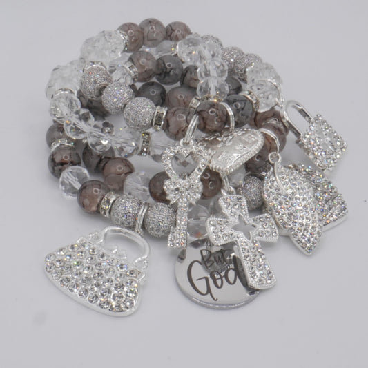 But God Grace Bracelet Stack – Silver & Smoke Luxury Faith Set