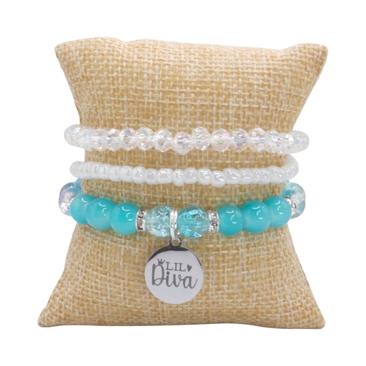 Lil Diva Bracelet Stack – Aqua & White Handmade Bracelet Set for Girls