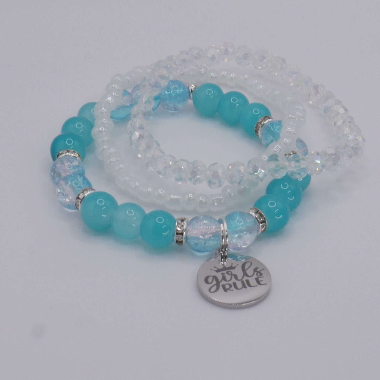 Girls Rule Bracelet Stack – Aqua & White Handmade Bracelet Set for Girls
