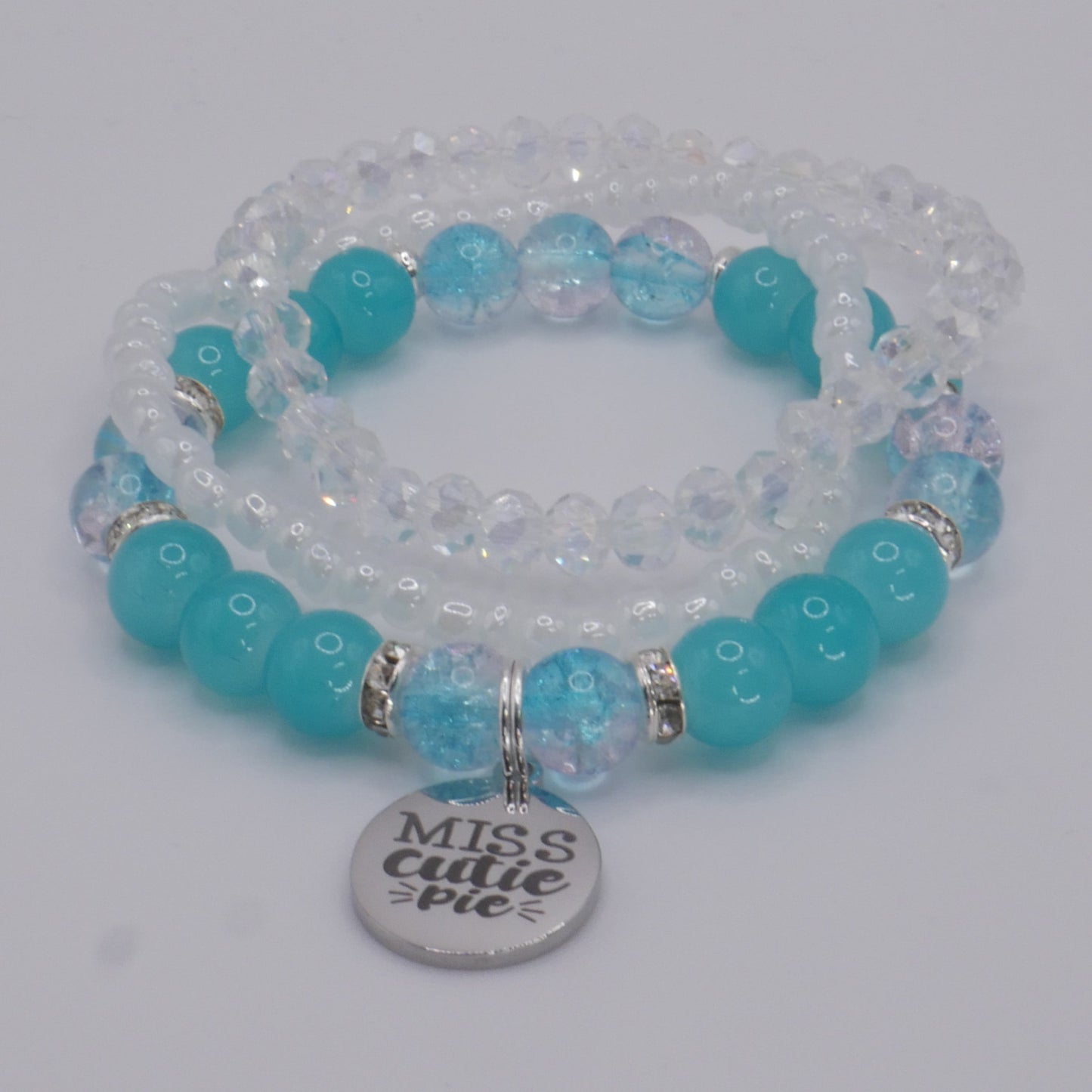 Miss Cutie Pie Bracelet Stack – Aqua & White Handmade Bracelet Set for Girls