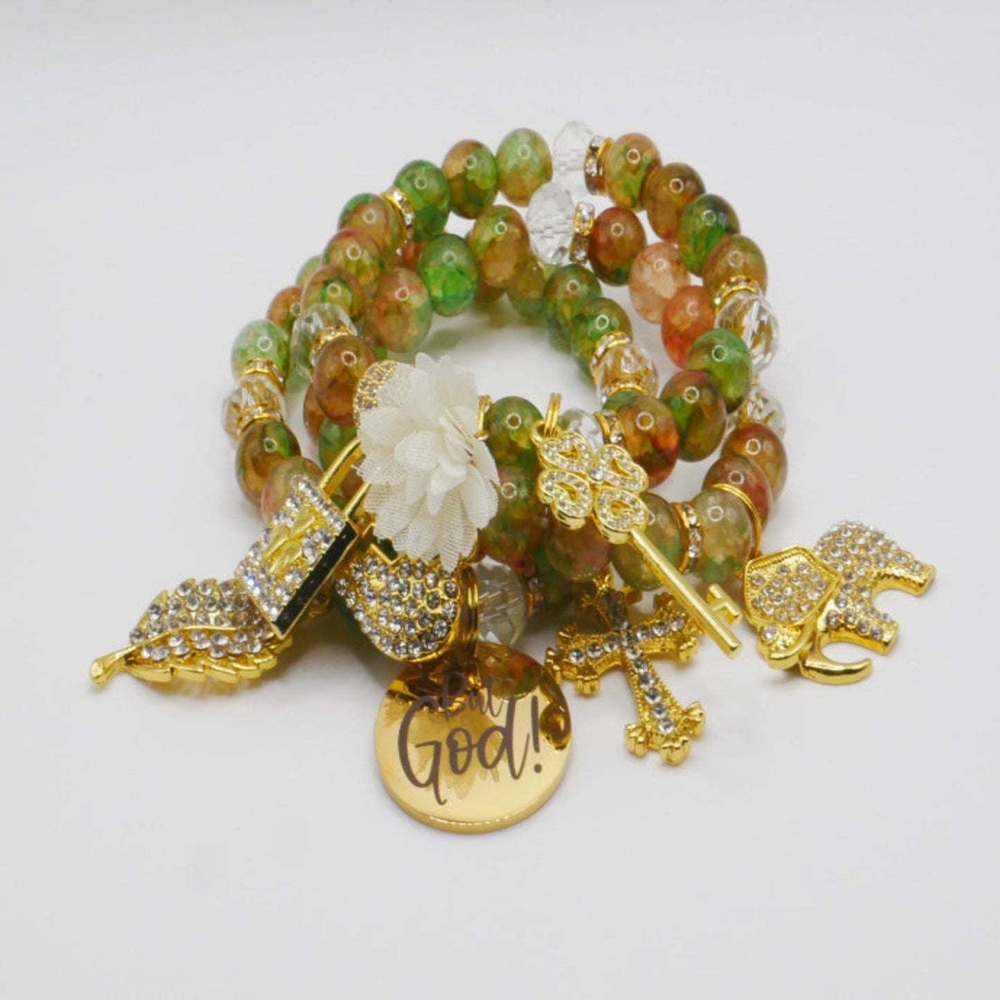 But God Renewal Bracelet Stack – Green & Gold Faith-Inspired Luxury Bracelet Set