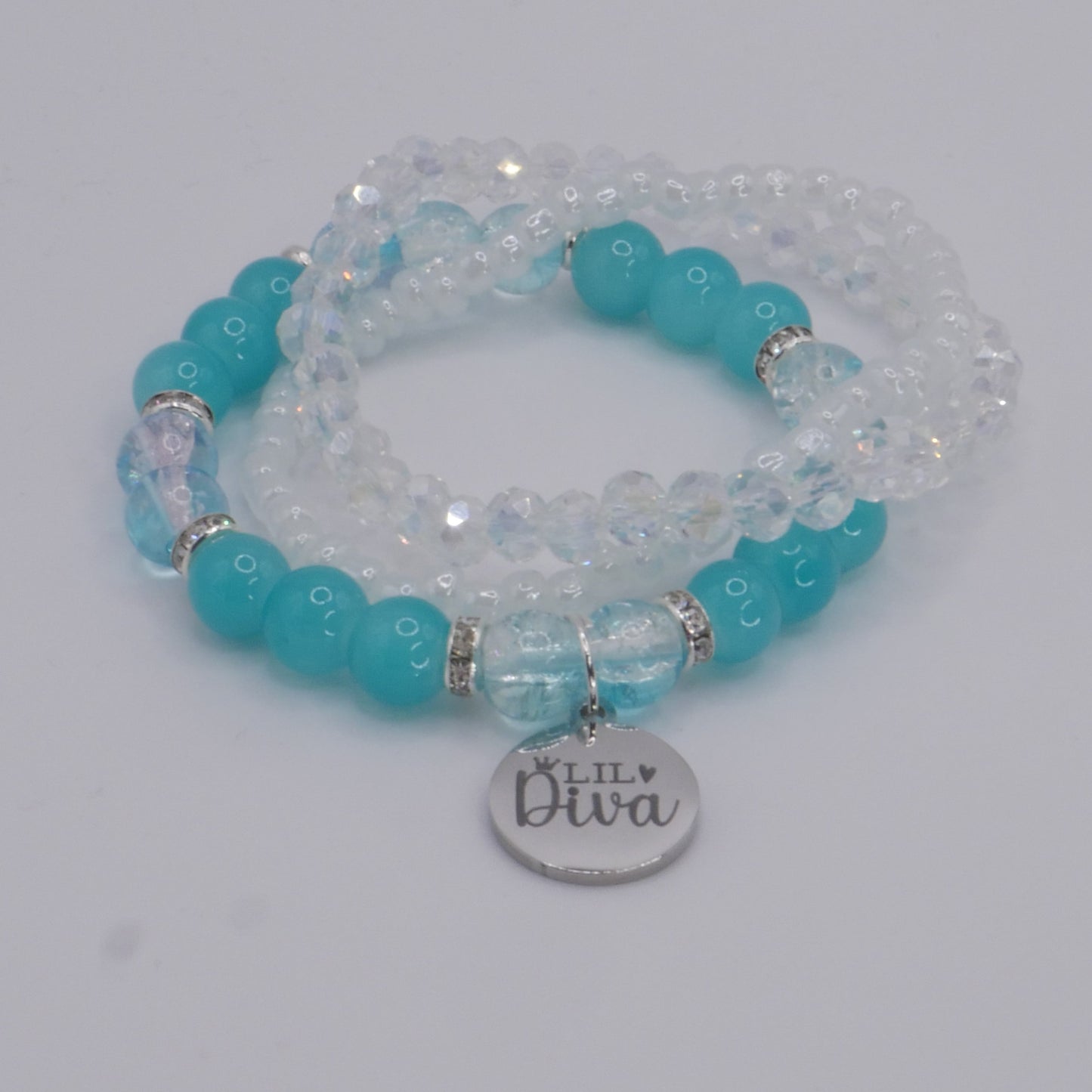 Lil Diva Bracelet Stack – Aqua & White Handmade Bracelet Set for Girls