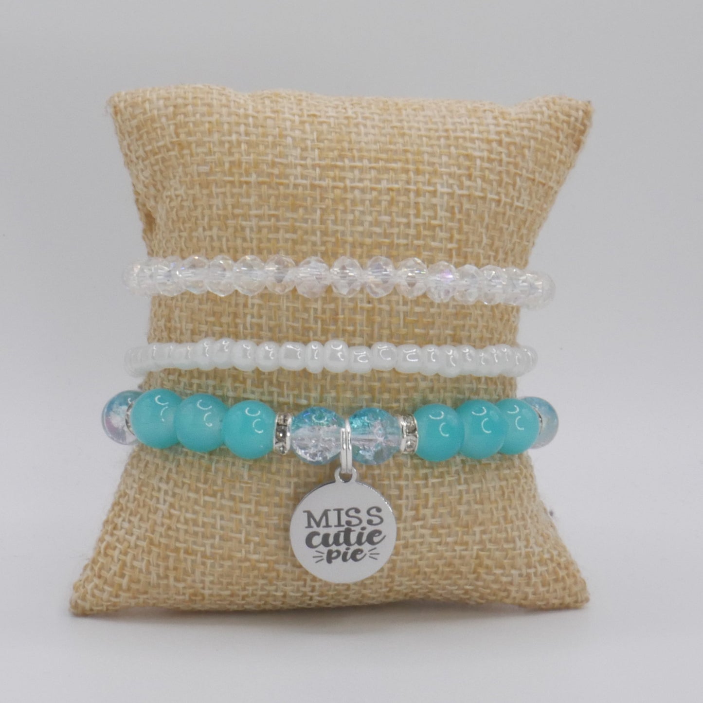 Miss Cutie Pie Bracelet Stack – Aqua & White Handmade Bracelet Set for Girls