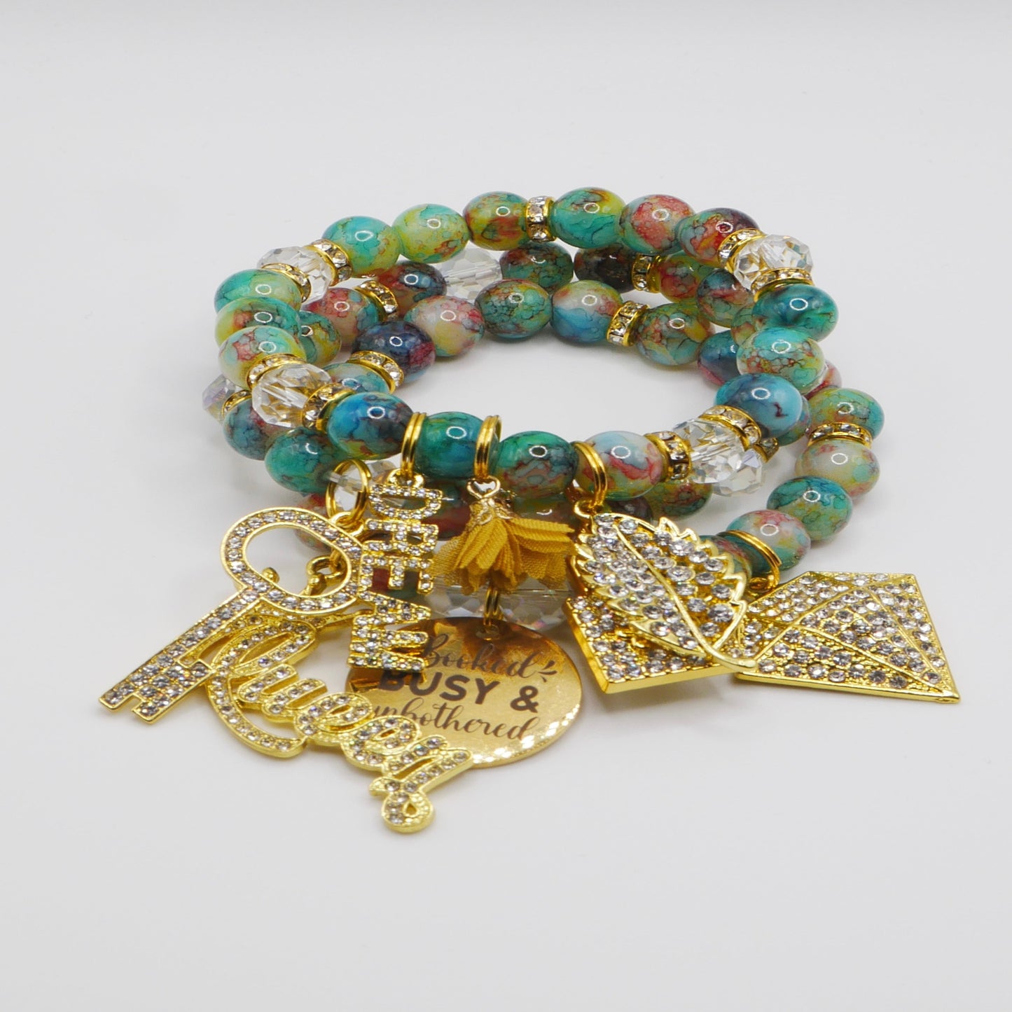 Booked, Busy & Unbothered Bracelet Stack – Multi-Color Gold Luxury Statement Set