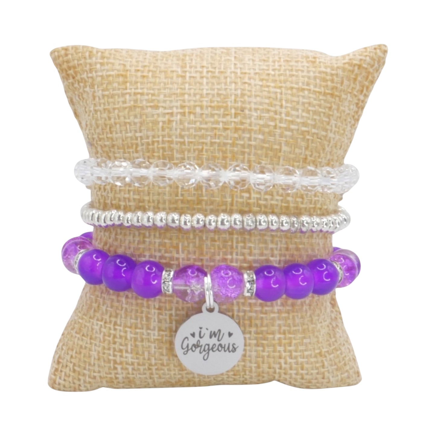 I'm Gorgeous Bracelet Stack - Purple & Silver Handmade Bracelet Set for Girls