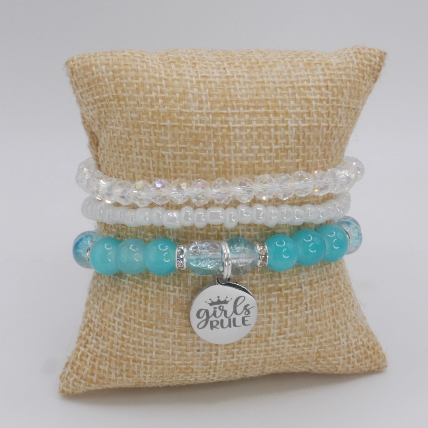 Girls Rule Bracelet Stack – Aqua & White Handmade Bracelet Set for Girls