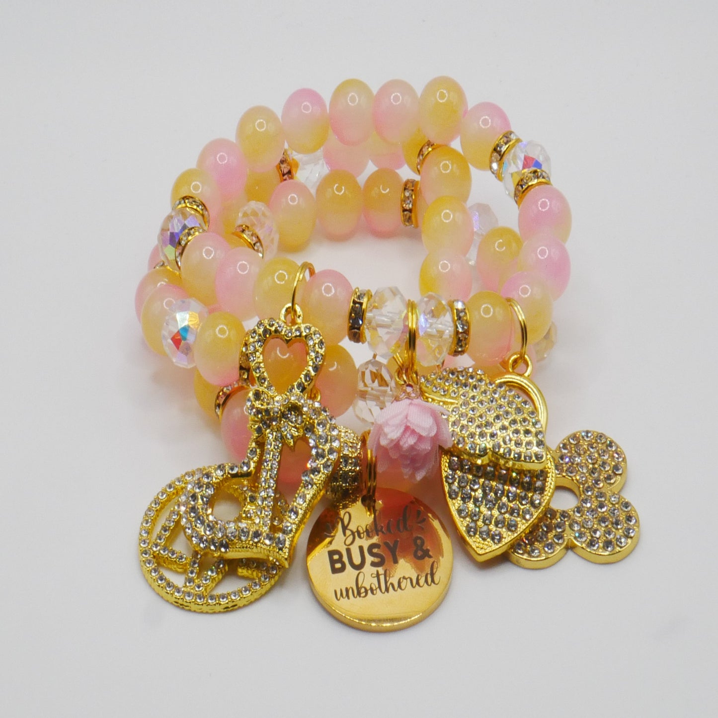 Booked, Busy & Unbothered Bracelet Stack – Pink & Gold Luxury Statement Set