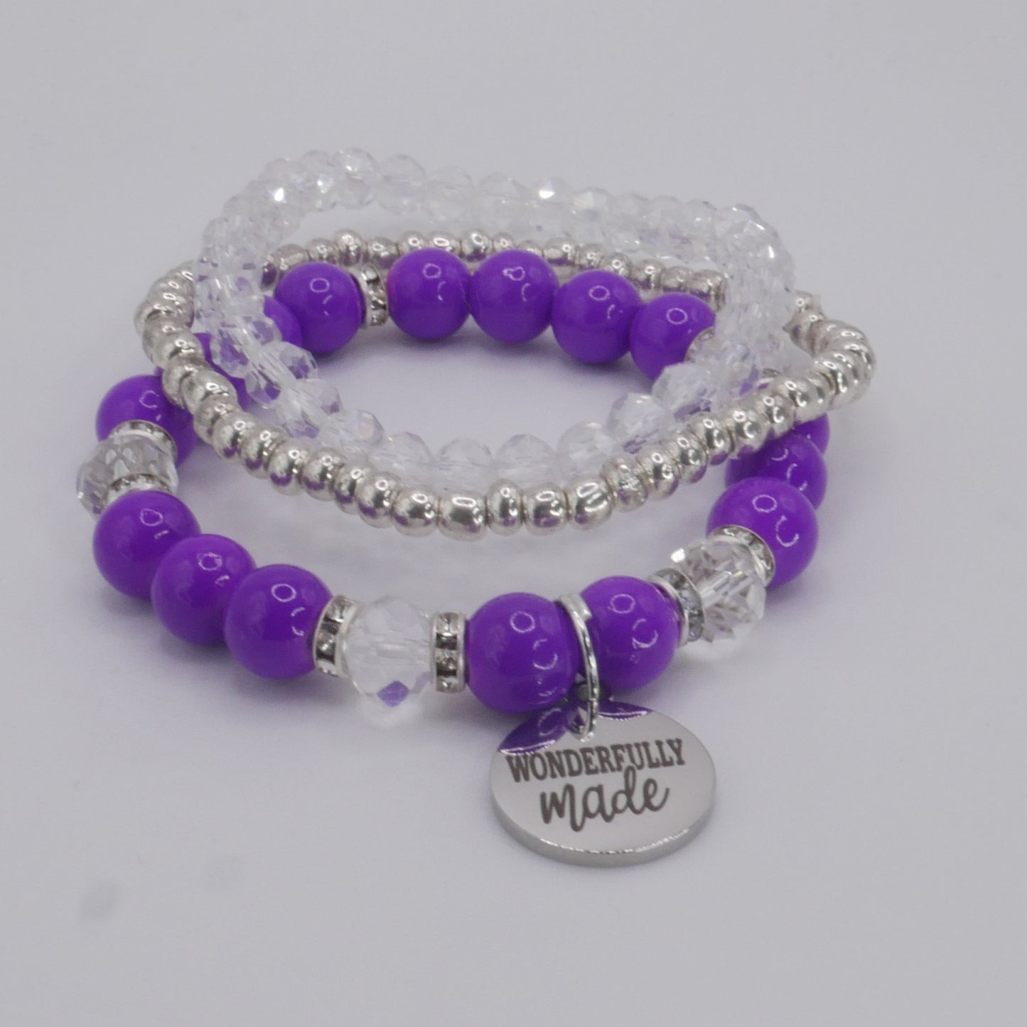 Wonderfully Made Bracelet Stack – Purple & Silver Handmade Bracelet Set for Girls