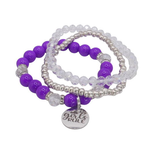 Girls Rule Bracelet Stack – Handmade Purple Silver Bead Set