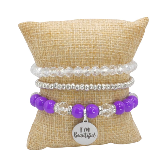 I’m Beautiful Bracelet Stack – Purple & Silver Handmade Bracelet Set for Girls