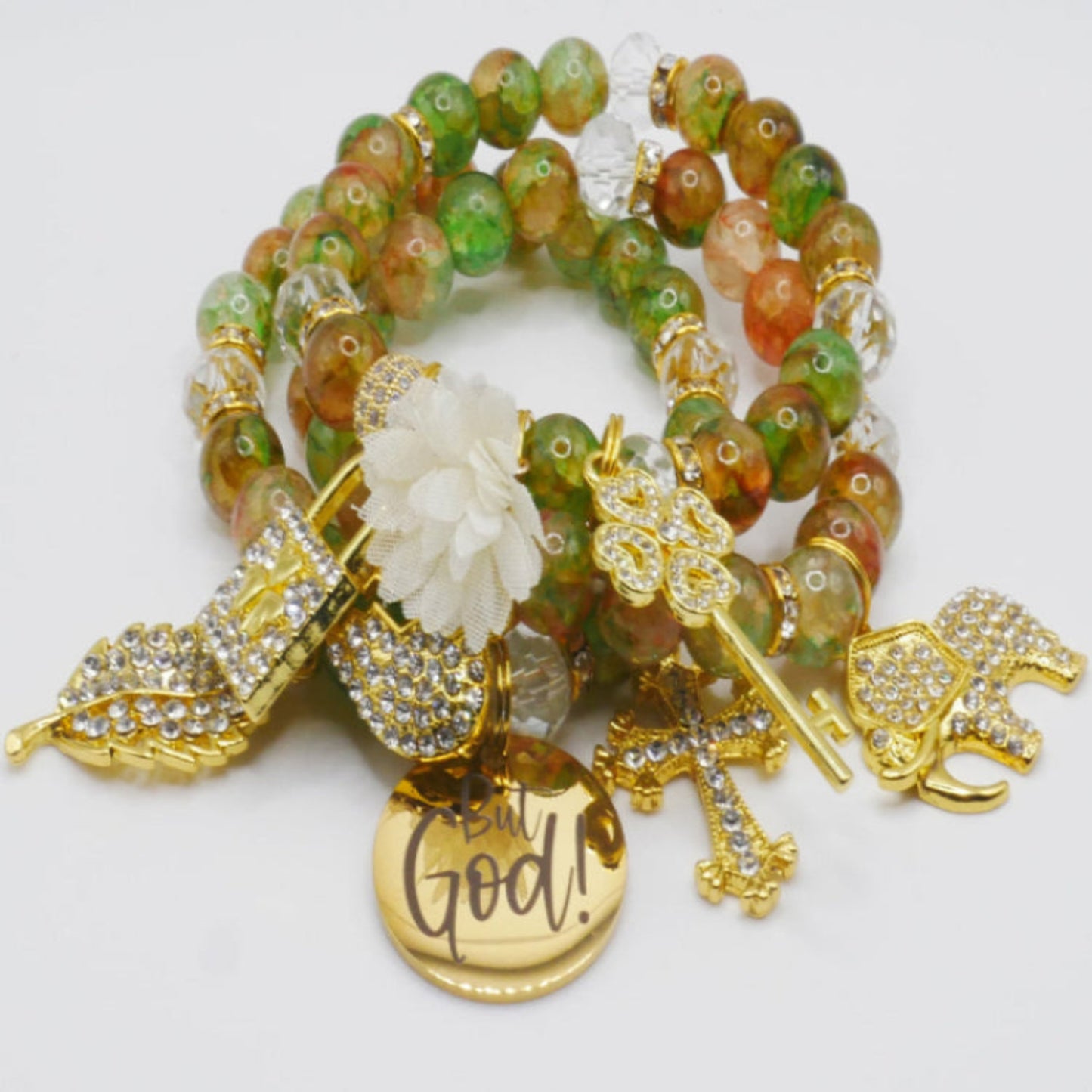 But God Renewal Bracelet Stack – Green & Gold Faith-Inspired Luxury Bracelet Set