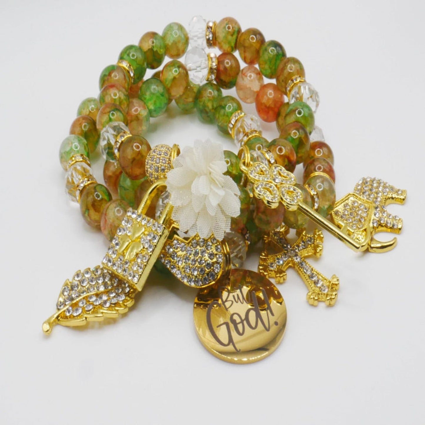 But God Renewal Bracelet Stack – Green & Gold Faith-Inspired Luxury Bracelet Set